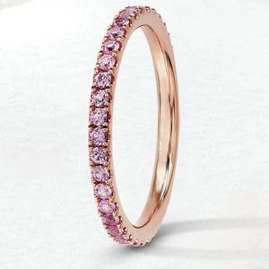Padparadscha Pink Sapphire Eternity Ring | 14K Solid Gold Wedding Band | 1.6mm Pink Sapphire Half 3/4 Full Eternity Stackable Band