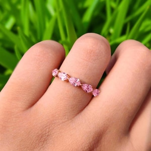 Aliança de casamento em ouro 14K com 5 safiras rosa naturais em formato de pera, anel de aniversário de luxo para presente.