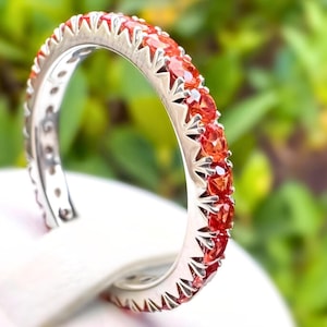 Orange Sapphire Ring 2.2mm French Pave Eternity Band Minimalist Wedding Band Stackable Orange Gemstone Band Gold Anniversary Ring for Her