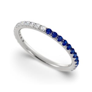 Blue Sapphire Diamond Eternity Band Minimalist Wedding Band Stackable Gemstone Band Gold Anniversary Ring for Her