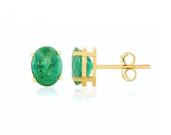 Pendientes de esmeralda en oro de 14 quilates con cierre de presión y piedra preciosa verde ovalada de 3 quilates para mujer. Piedra de nacimiento de mayo.