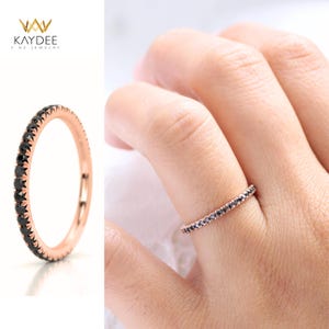 14k Rose Gold Black Diamond Eternity Band, Dainty Black Diamond Ring, Stackable Wedding Band, Gothic Fine Jewelry, Minimalist Ring