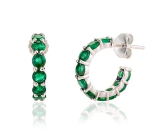 Natural Emerald Hoop Earrings 14K Gold Natural Emerald Half Hoop Earrings Gift For Her