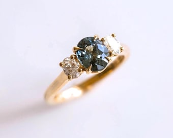 Teal Sapphire Ring 14K Gold Three Stone Oval Cut Teal Sapphire Ring Unique Engagement Ring