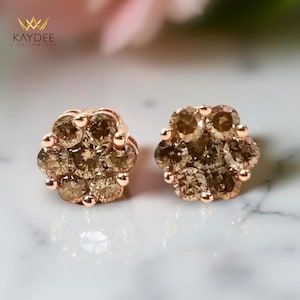 Champagne Diamond Stud Earrings 14K Gold Cluster Diamond Earrings Gift for Her Natural Diamond Earrings Everyday Gold Earrings for Women