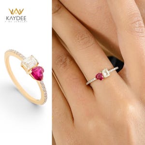 Anel de rubi natural em formato de coração, meia eternidade, anel de ouro maciço 14K, anel com pedra de nascimento de julho, anel empilhável, aliança de casamento