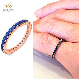 Royal Blue Sapphire Ring ,14k Solid Gold Ring, Simple Round Sapphire Ring, Unique Engagement Ring, Half Eternity sapphire ring, Gift for her