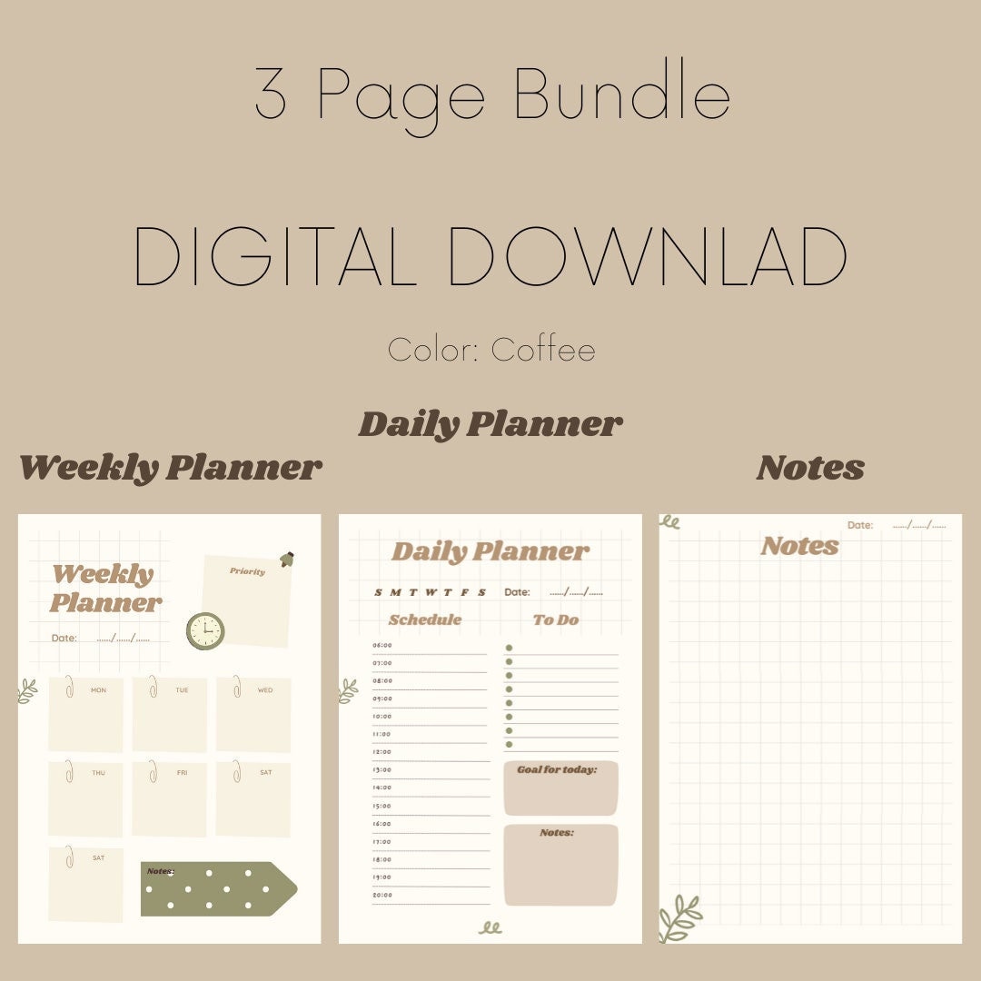 Planner| Digital Download| Color: Coffee| Retro / Vintage| Weekly Planner| Daily Planner| Notes ...