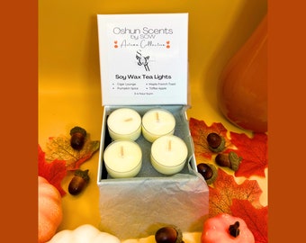 Scented Soy Wax Tealight Candles, 4 Pack Gift Set, Oshun Scents Core, Autumn & Winter Collection Tea Lights, UK Handmade Vegan Friendly Gift