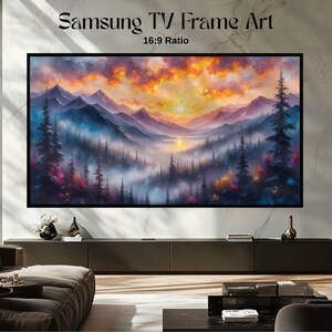 Samsung Frame TV Art, Dramatic Mountain Sunset Printable, Moody Forest Wall Decor, Rustic Nature Landscape Painting Download 6083