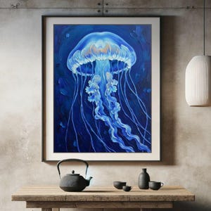 Blue Jellyfish Ocean Painting Printable - Glowing Marine Life Wall Art, Deep Sea Oil Texture Artwork, Digital Coastal Decor Download 3135