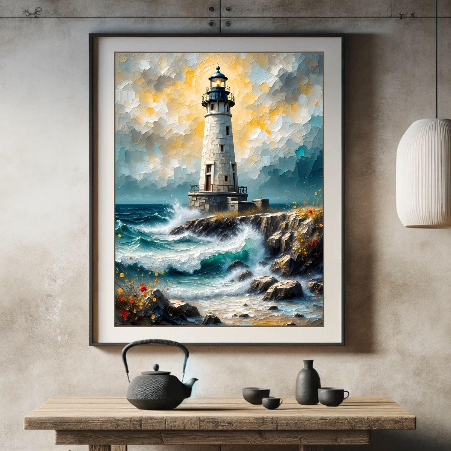 海辺の灯台の絵画：素朴な航海沿岸の装飾（デジタルダウンロード