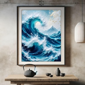 Pintura de olas oceánicas poderosas: arte mural náutico melancólico, tormenta marina imprimible, decoración costera, paisaje de agua azul profundo, descarga digital