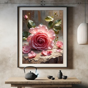 Vintage Rose Wall Art Printable - Romantic Pink Flower Painting, Cottagecore Floral Print, Elegant Spring Botanical Decor, Digital Download