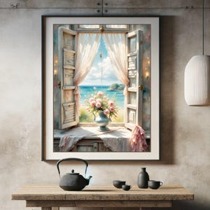 Coastal Cottage Window View with Pink Flower Bouquet -Rustic Summer Seaside Landscape, Romantic Beach Printable Wall Art, Vintage Decor 1285