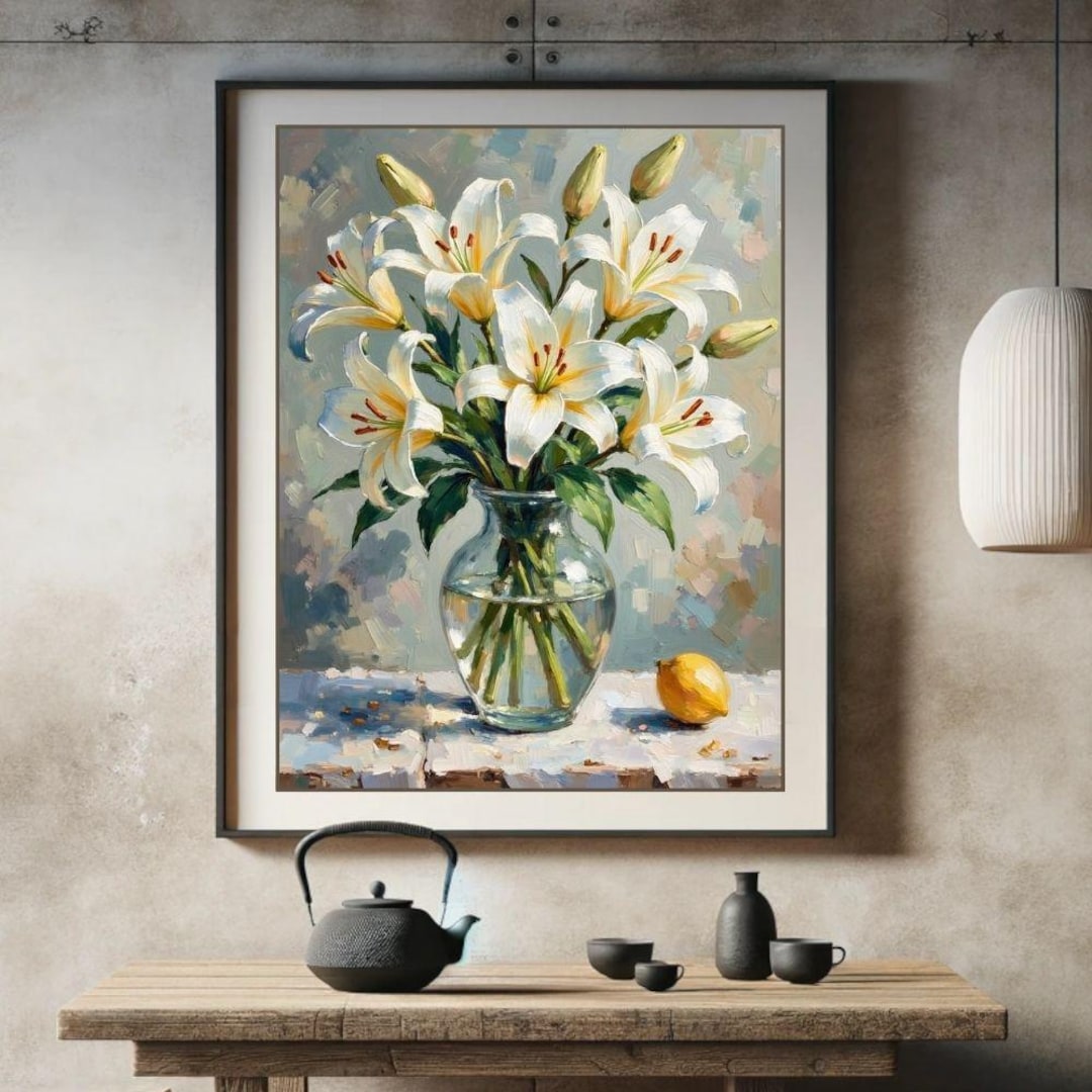 白いユリの花瓶の油絵風プリント：コテージコア・フローラルアート