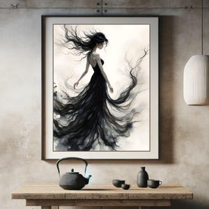 Gothic Frau im fließenden schwarzen Kleid Kunstdruck - Stimmungsvolle dunkle Fantasy Wandkunst, dunkle Ästhetik, druckbares mysteriöses Dekor, digitaler Download 256