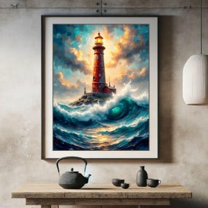 Stormy Lighthouse Printable Wall Art - Moody Coastal Painting with Ocean Waves, Nautical Landscape Decor, Rustic Digital Seaside Print