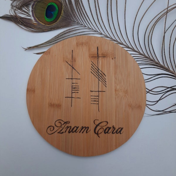 Bamboo coaster 'Anam Cara' in Ogham, Soul Friend, pyrography, wood burning, Celtic