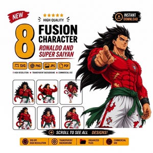 May include: A digital graphic featuring 8 fusion character designs of a Ronaldo and Super Saiyan hybrid. The character has long black hair, a red jersey with a Portugal crest, and white shorts. Includes SVG, PNG, JPG, and PDF file format icons.