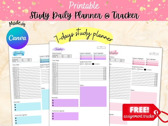 Printable 7-days Study Planner/tracker/ Editable Canva Made - Etsy