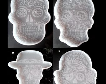 Large skull coasters molds 4 designs available, sugar skull resin chocolate moulds, halloween cinco de mayo coaster molds, spooky molds