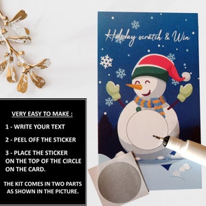 May include: A rectangular holiday scratch-off card featuring a snowman with a red hat and orange nose against a blue snowy background. The text reads Holiday scratch & Win. A silver circular scratch-off sticker and a white pen are included.