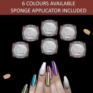 Chrome powder for nail art resin art and craft embellishments with sponge applicators included,  shell powders in champagne, blue and pink