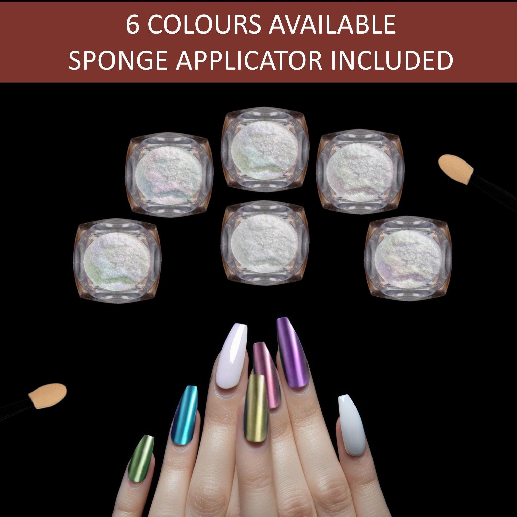 Chrome powder for nail art resin art and craft embellishments with sponge applicators included,  shell powders in champagne, blue and pink