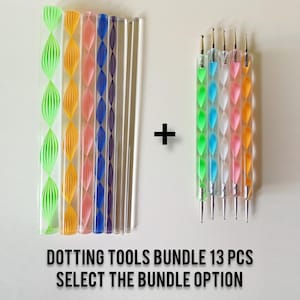 May include: A selection of dotting tools with vibrant handles in green, orange, pink, blue, and clear. The tools are grouped, with the text "DOTTTING TOOLS BUNDLE 13 PCS SELECT THE BUNDLE OPTION" displayed below. These tools are for crafts.