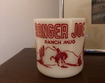 Vintage 50's Ranger Joe Ranch enamel Mug Hazel Atlas AH on bottom