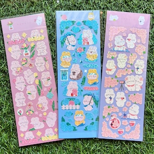 kawaii bunny polco deco stickers, toploader deco stickers, card making sticker, Holographic polco sticker, sakura, rain, flower holo sticker