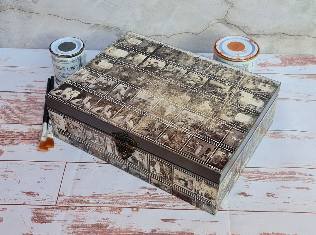 Decoupage Box Vintage Movies Design, Vintage Boxes, Storage Box, Rustic