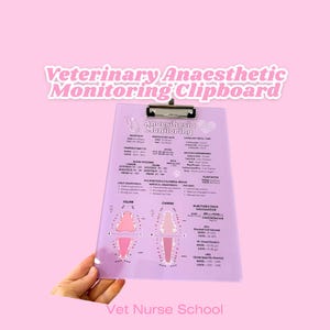 May include: A lilac clipboard with a metal clip, displaying veterinary anaesthesia monitoring information. The clipboard includes charts for feline and canine vital signs, drug calculations, and the text "Veterinary Anaesthetic Monitoring Clipboard."