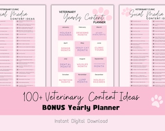 May include: Three pink printable sheets with a paw print design. The first sheet has a list of social media content ideas for a veterinary clinic. The second sheet is a yearly content planner with a grid of months and corresponding themes. The third sheet is another list of social media content ideas. The text at the bottom reads "100+ Veterinary Content Ideas BONUS Yearly Planner Instant Digital Download."