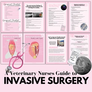 Op de afbeelding: Een roze en witte gids voor veterinaire verpleegkundigen over invasieve chirurgie. De gids bevat illustraties van de buikanatomie, checklists voor katheterplaatsing en inductie, en informatie over exploratieve laparotomieën en herstel van de patiënt.