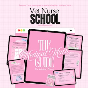Pode incluir: Um recurso educativo digital intitulado The Medical Math Guide for Veterinary Nurses, apresentado em vários ecrãs de tablets sobre um fundo de grelha cor-de-rosa. Os ecrãs mostram fórmulas, tabelas e texto para realizar cálculos.