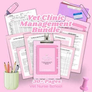 May include: A pink Vet Clinic Management Bundle with the text "Vet Clinic Management Bundle" and "30+ Pages". The bundle includes various pink documents, a clipboard, and a pencil holder with pencils. A pink highlighter and push pin are also visible.