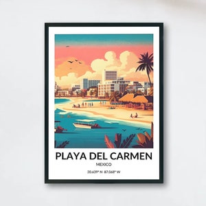 Affiche Playa del Carmen, style rétro | Affiche de voyage au Mexique, impression d’art au Mexique, art mural de décoration intérieure, affiche de voyage emblématique