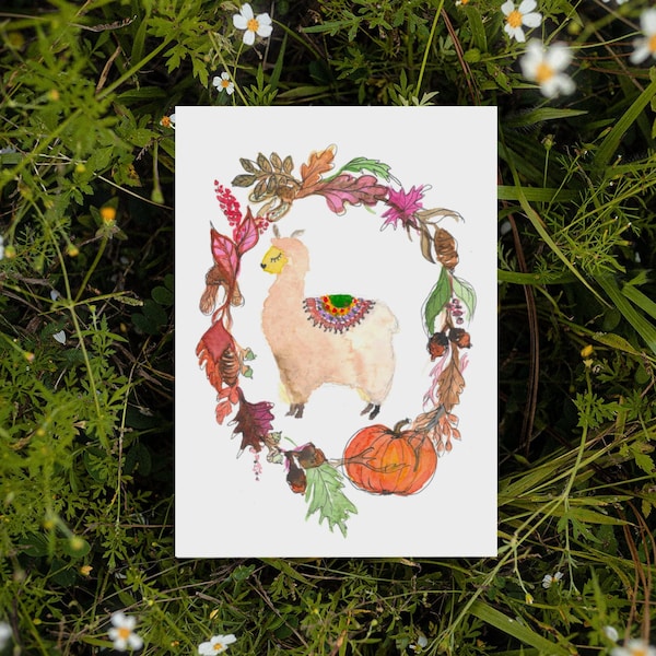 Herbstliche Lama Grußkarte - Original Aquarell Druck, 7x5 inch inklusive Umschlag