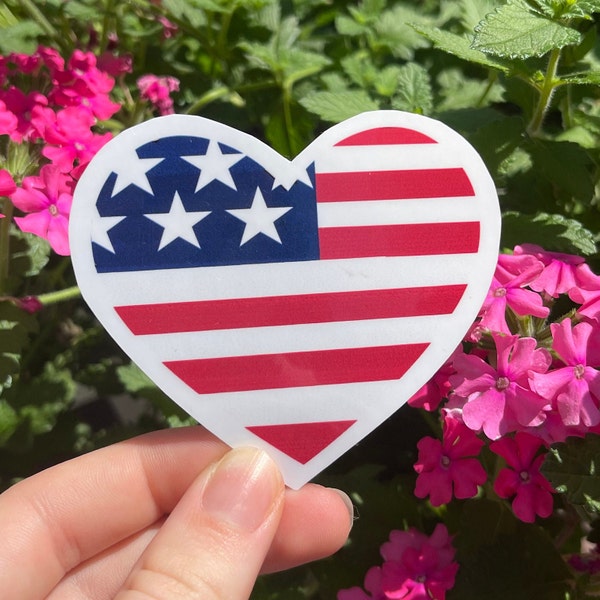 Cute 4th of July Waterproof Heart American Flag Glossy Sticker for Laptop, Hydroflask, Water Bottle- 3 inches