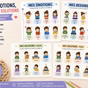 Könnte beinhalten: Ein Set aus Lernkarten mit dem Titel Pack Émotions, Besoins & Solutions, das illustrierte Figuren zeigt, die verschiedene Gefühle, Bedürfnisse und Lösungen ausdrücken. Die Karten enthalten französischen Text und sind in Kategorien für Kinder unterteilt.