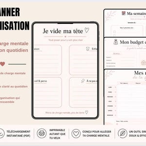 Può includere: Planner digitale con il titolo "Planner Organisation" in nero. Il planner include sezioni per la pianificazione settimanale e mensile, con il testo "Je vide ma tête" e "Ma semaine simplifiée". Il design è in tonalità di rosa e bianco.