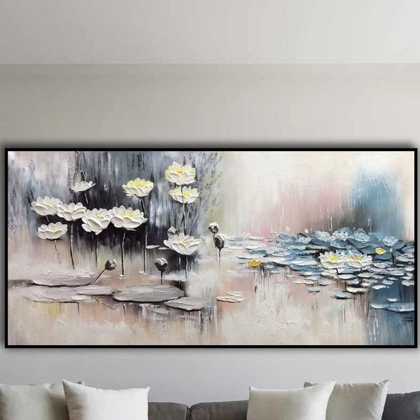 White Lotus Canvas Oil Painting, Abstract Texture Lotus Painting, Original Landscape Plant Art, Lotus Leaf Lotus Flower Wall Painting Art