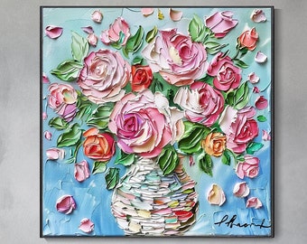 Original Custom Wedding Bouquet Painting 3D Creamy Texture Wall Art Hand Heavy Texture Palette Knife Abstract Pink Rose Canvas Oil Spring