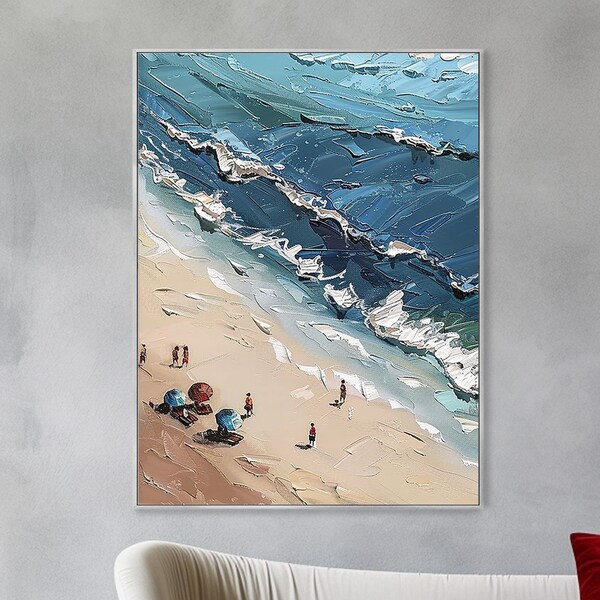 Summer Beach Oil Painting Large Blue Ocean Canvas Joyful Hawaii Seascape Handcrafted Home Decor Artwork Custom Beach Scenery Wall Art Thick