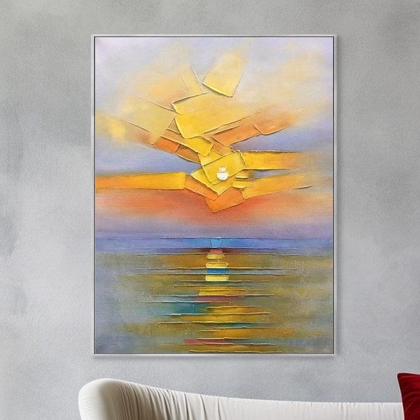 24x36 inches Abstract Sunrise Ocean Landscape Warm Morning Landscape Canvas Oil Painting Hand Painted Heavy Texture Palette Knife Painting