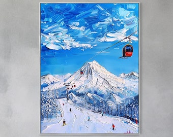 Modern Skiing Landscape Art Ski Sports On Snowy Mountains Winter Cable Car Canvas Oil Painting Custom Ski Art 3D Minimalist Texture Palette