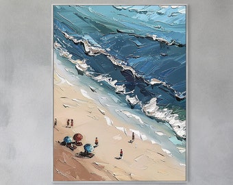 Summer Beach Oil Painting Large Blue Ocean Canvas Joyful Hawaii Seascape Handcrafted Home Decor Artwork Custom Beach Scenery Wall Art Thick