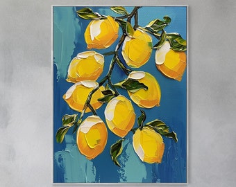 Dipinto originale di limoni e fiori, arte floreale con texture, pittura in rilievo personalizzata, arte su tela dipinta a mano, decorazione